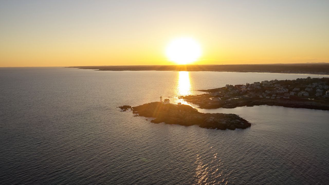 Wallpaper island, sunset, sea, sun, aerial view