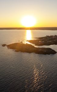 Preview wallpaper island, sunset, sea, sun, aerial view