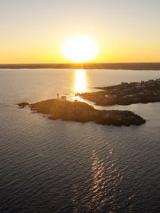 Preview wallpaper island, sunset, sea, sun, aerial view