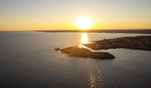 Preview wallpaper island, sunset, sea, sun, aerial view