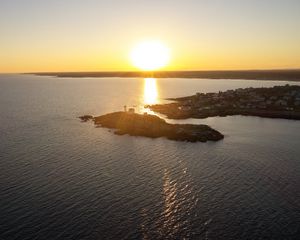 Preview wallpaper island, sunset, sea, sun, aerial view