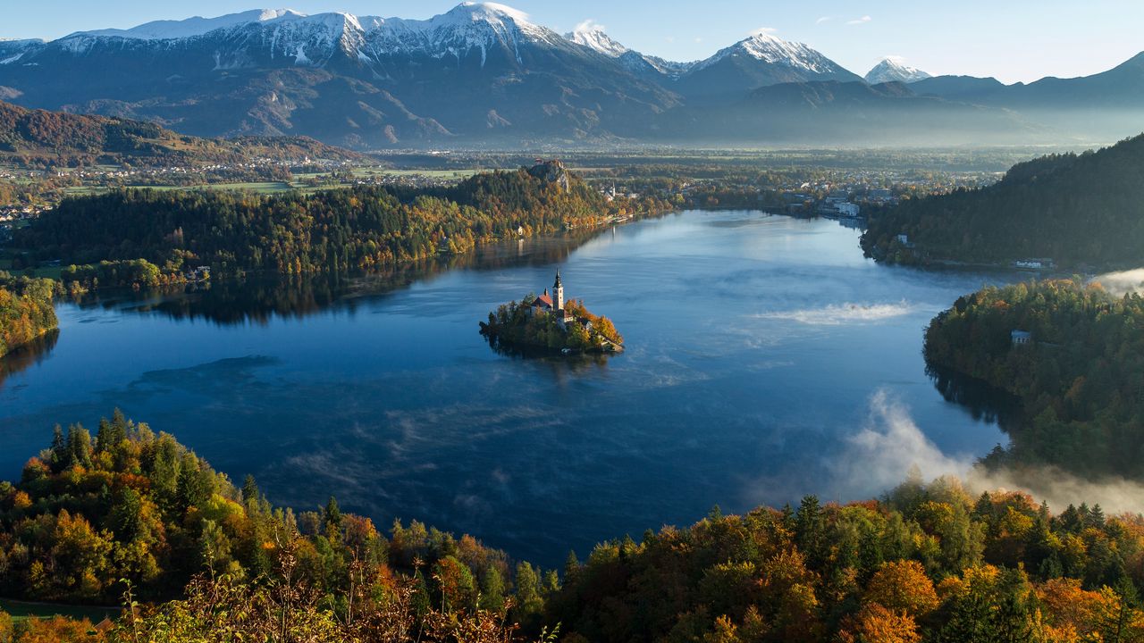 Wallpaper island, tower, lake, mountains