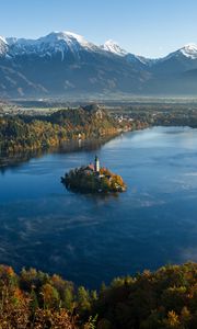 Preview wallpaper island, tower, lake, mountains