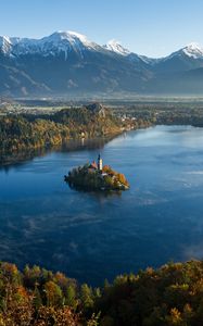 Preview wallpaper island, tower, lake, mountains