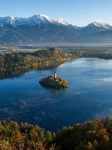 Preview wallpaper island, tower, lake, mountains