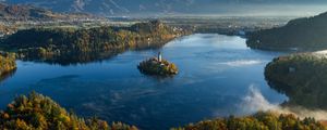 Preview wallpaper island, tower, lake, mountains