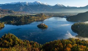 Preview wallpaper island, tower, lake, mountains