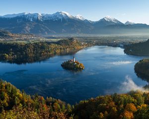 Preview wallpaper island, tower, lake, mountains