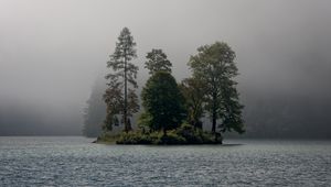 Preview wallpaper island, trees, fog, river, landscape