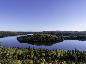 Preview wallpaper island, trees, forest, lake, reflection