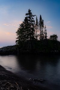 Preview wallpaper island, trees, lake, twilight