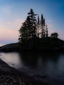 Preview wallpaper island, trees, lake, twilight