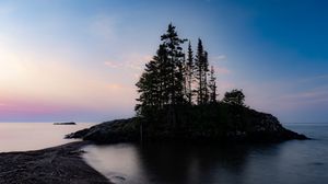 Preview wallpaper island, trees, lake, twilight