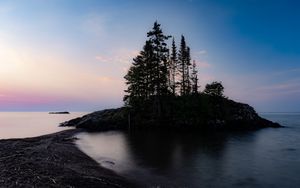 Preview wallpaper island, trees, lake, twilight