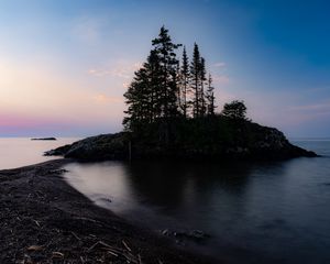 Preview wallpaper island, trees, lake, twilight