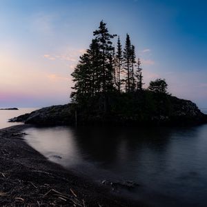 Preview wallpaper island, trees, lake, twilight