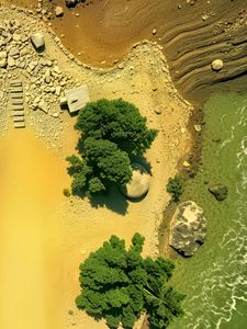 Preview wallpaper island, trees, sea, aerial view, stones