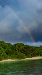 Preview wallpaper island, trees, sea, ocean, rainbow