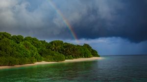 Preview wallpaper island, trees, sea, ocean, rainbow