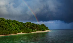 Preview wallpaper island, trees, sea, ocean, rainbow