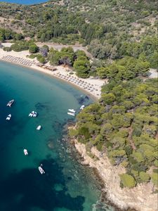 Preview wallpaper island, trees, sea, boats, aerial view