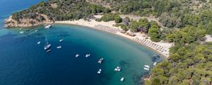 Preview wallpaper island, trees, sea, boats, aerial view