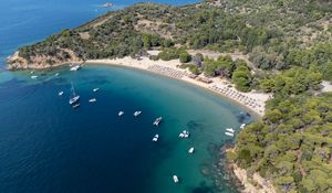 Preview wallpaper island, trees, sea, boats, aerial view