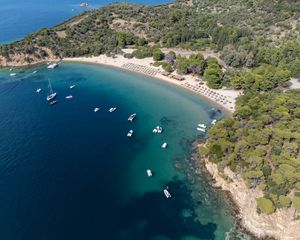 Preview wallpaper island, trees, sea, boats, aerial view