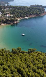 Preview wallpaper island, trees, sea, boat, aerial view