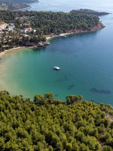 Preview wallpaper island, trees, sea, boat, aerial view