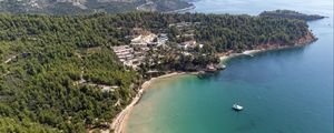 Preview wallpaper island, trees, sea, boat, aerial view