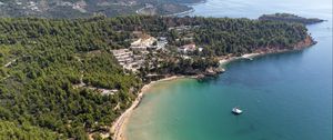 Preview wallpaper island, trees, sea, boat, aerial view