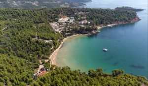 Preview wallpaper island, trees, sea, boat, aerial view