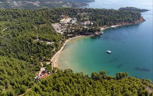 Preview wallpaper island, trees, sea, boat, aerial view