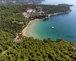 Preview wallpaper island, trees, sea, boat, aerial view