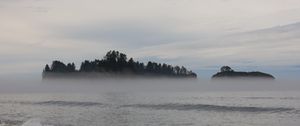 Preview wallpaper island, trees, sea, water, fog, landscape