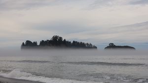 Preview wallpaper island, trees, sea, water, fog, landscape