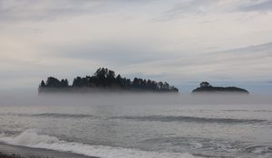 Preview wallpaper island, trees, sea, water, fog, landscape