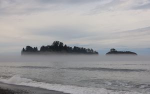 Preview wallpaper island, trees, sea, water, fog, landscape