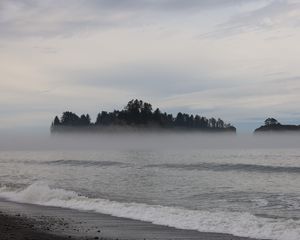 Preview wallpaper island, trees, sea, water, fog, landscape