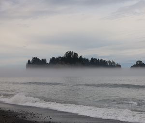 Preview wallpaper island, trees, sea, water, fog, landscape