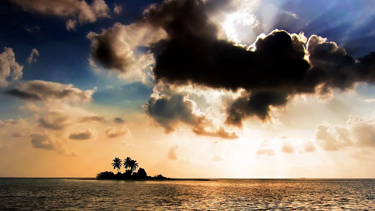 Wallpaper island, uninhabited, outlines, palm trees, sky, cloud, shadows