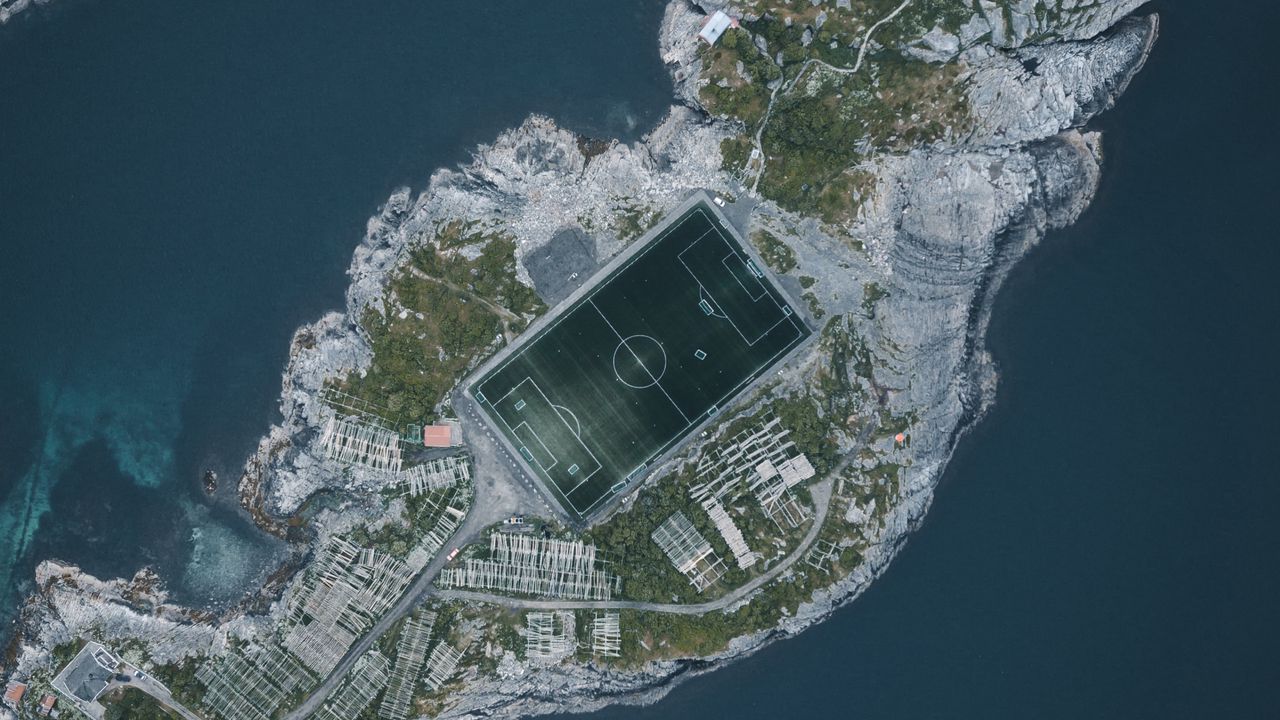 Wallpaper island, water, aerial view, football field, playground