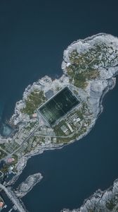 Preview wallpaper island, water, aerial view, football field, playground