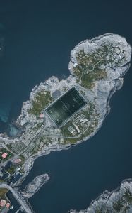 Preview wallpaper island, water, aerial view, football field, playground