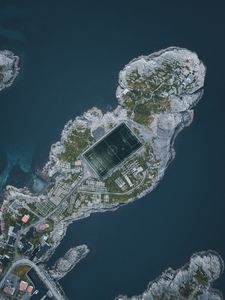 Preview wallpaper island, water, aerial view, football field, playground