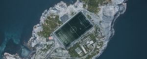 Preview wallpaper island, water, aerial view, football field, playground