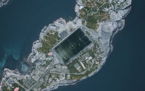 Preview wallpaper island, water, aerial view, football field, playground