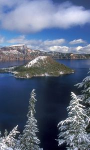 Preview wallpaper island, winter, fir-trees, lake