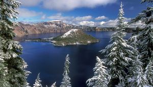 Preview wallpaper island, winter, fir-trees, lake